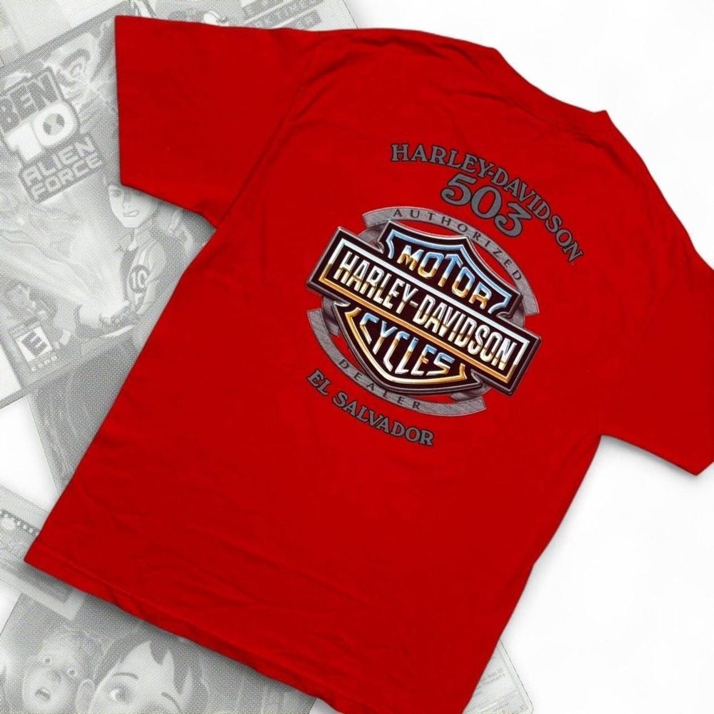 Y2K Red & Black Grunge Biker Double Sided Pocket Harley Davidson Graphic Tee